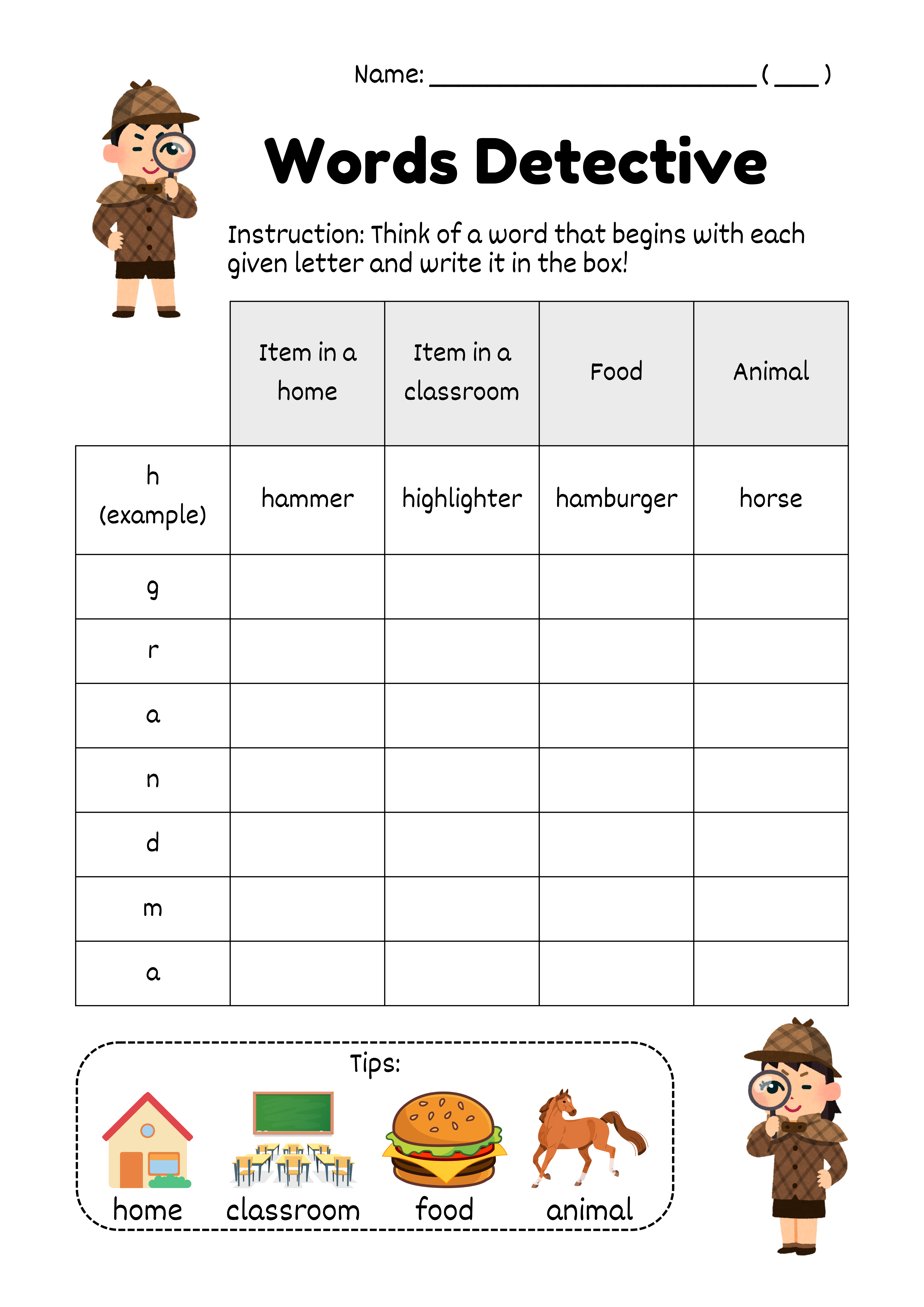 Printable Words Detective worksheet